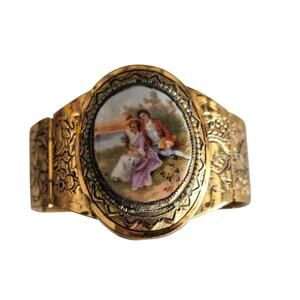 1930s Limoges Enamel Porcelain Cameo Gold Tone Etched Floral Hinged Bracelet